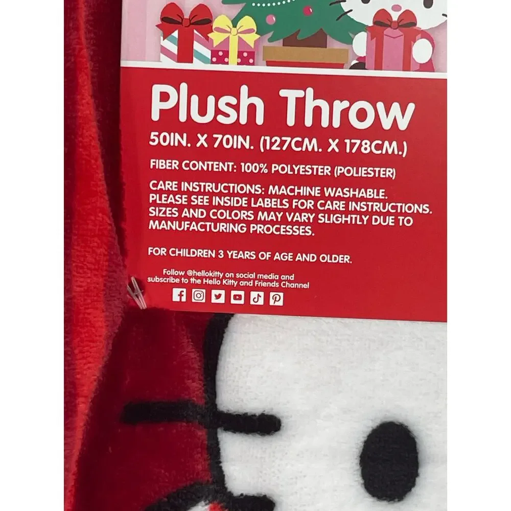 Hello Kitty Holiday Plush Throw Blanket 50 x 70 inches Red Candy Cane NEW